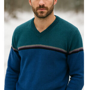 Huckberry Vintage 80s Mens M 100% Wool Vneck Ski Snow Sweater Striped Blue Green